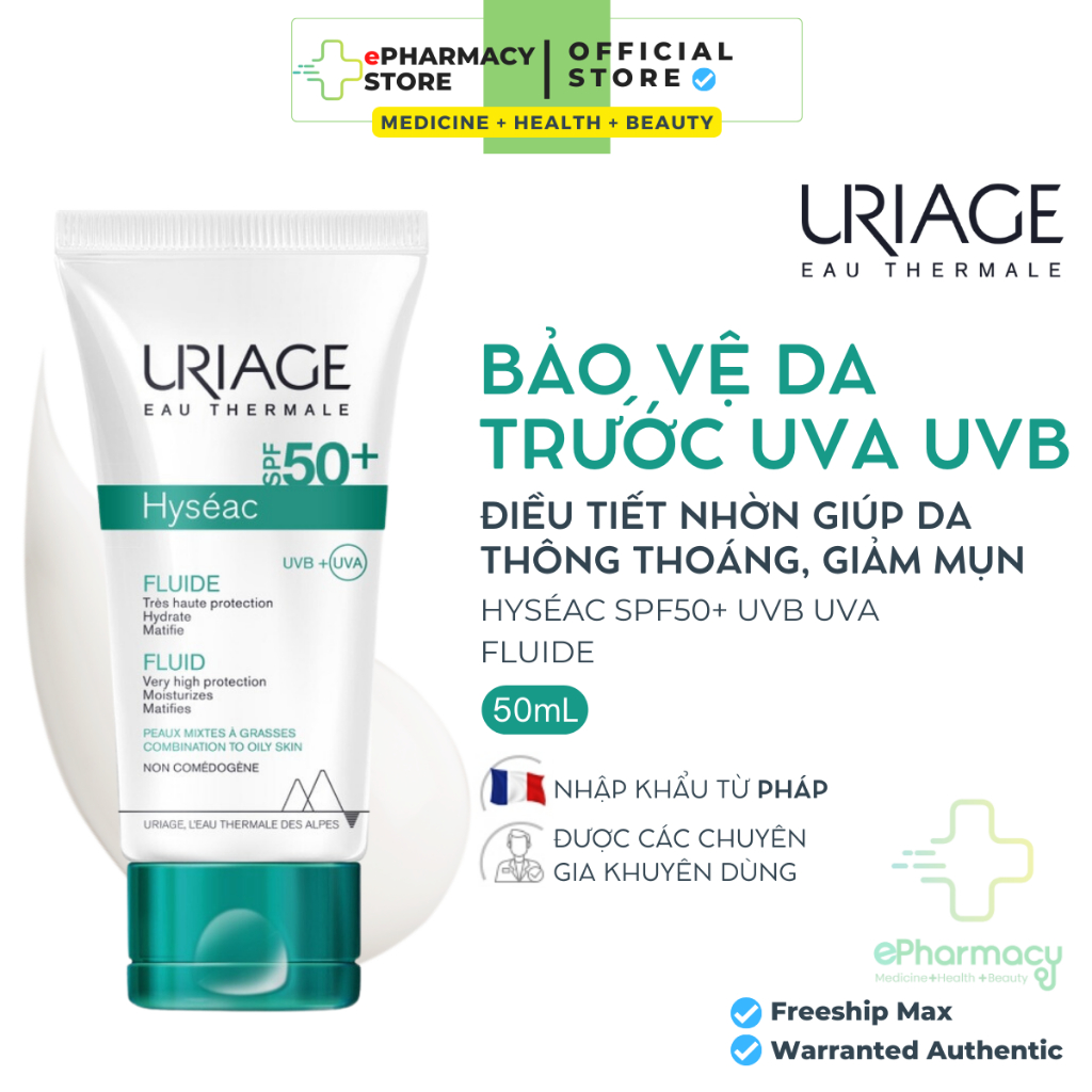 Uriage Hyséac SPF50 + UVB + UVA Fluide Milk Sunscreen สําหรับผิวมัน 50ml
