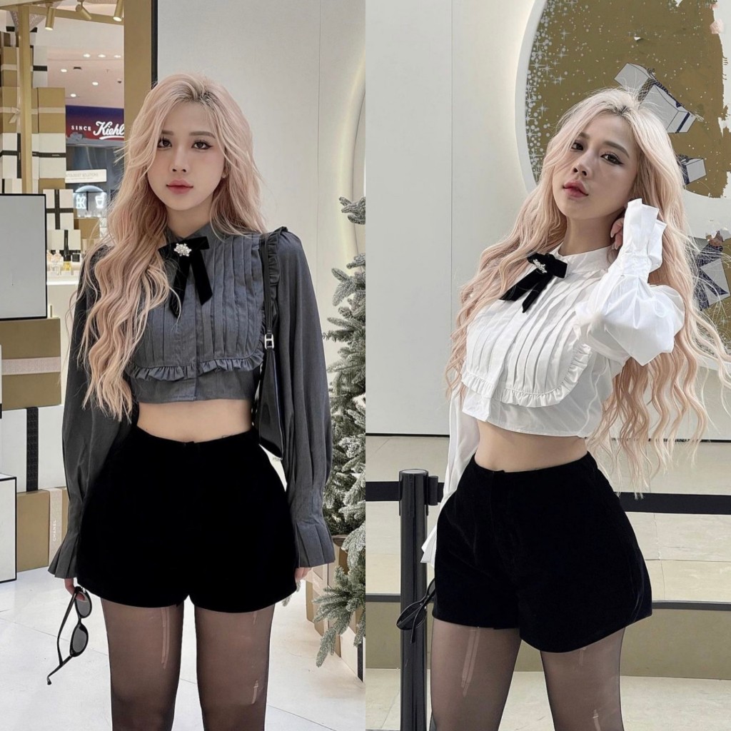 [ฟรี แท็กโบว์ พลอยเทียม ]: เสื้อหน้าอกจีบเชื่อมสีกากีพร้อม รัฟเฟิล หนา 2 สีสุดหรู, ต่อง่าย (รูปถ่ายจริงบนพื้น)