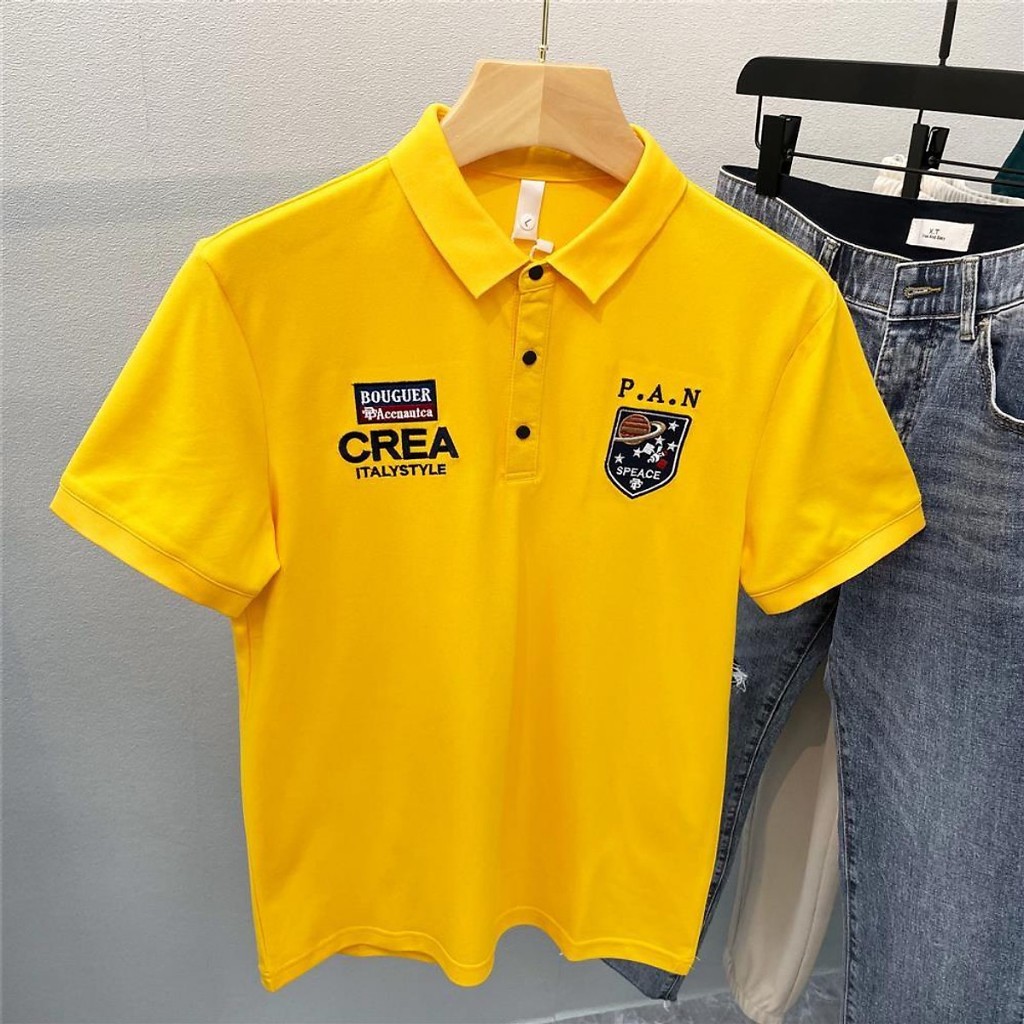 เสื้อยืดผู้ชายทรงสวยคอปกคอเต่าแขนสั้นทรงหลวมผ้าคอตตอนยืดใส่สบาย MKT12