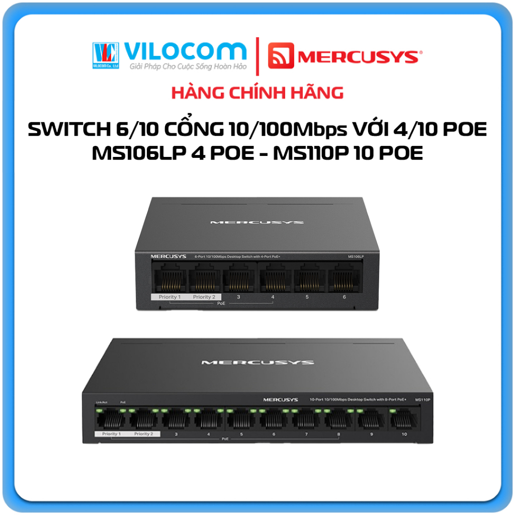 Switch Poe Mercusys MS110P MS106LP 6/10 พอร์ต 10/100Mbps พร้อมพอร์ต 4/8 PoE+ - สินค้าของแท้