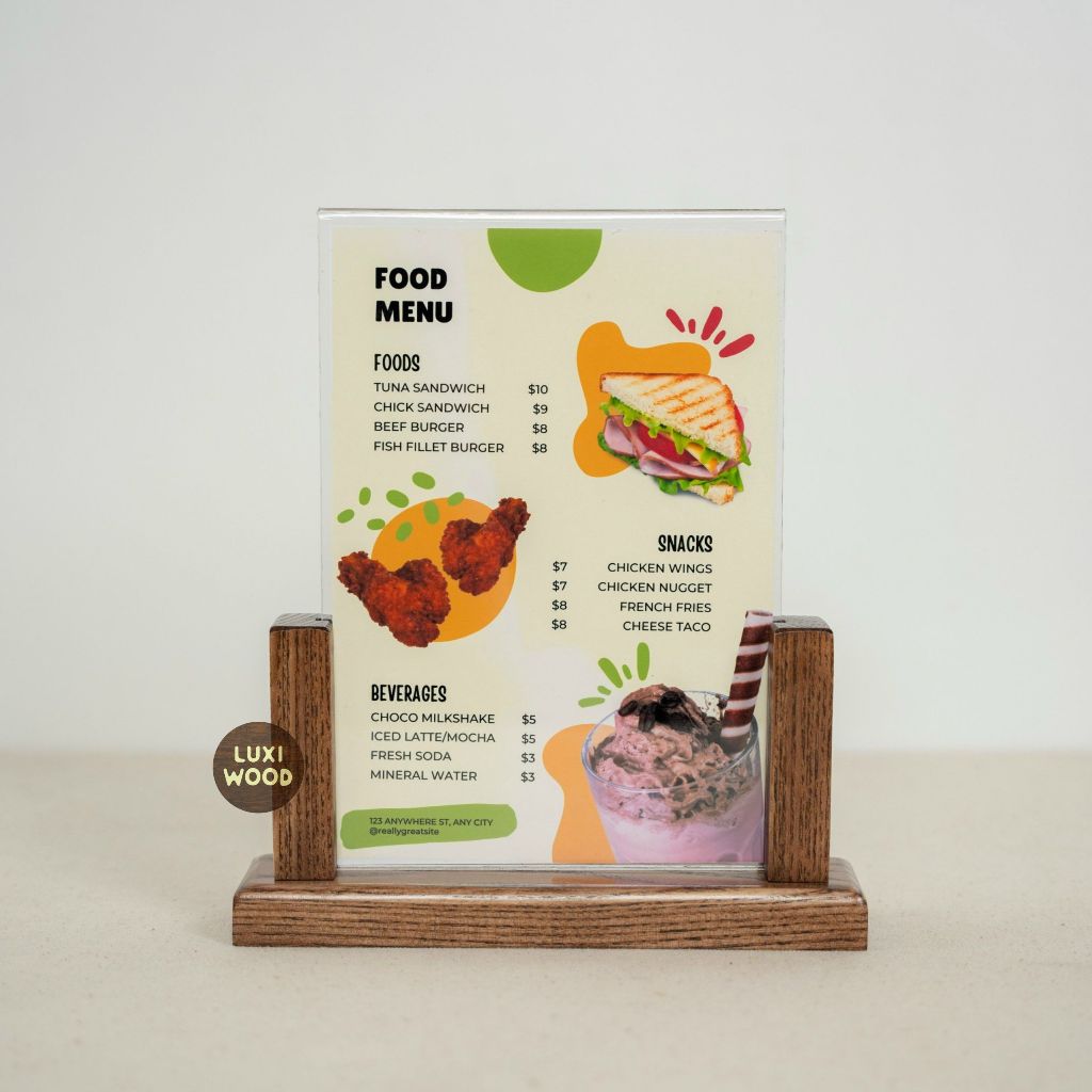 HCM l UNIQUE U-SHAPED WOODEN BASE MICA MENU, WOODEN FRAME MICA MENU SIZE A4, A5, A6 DESKTOP