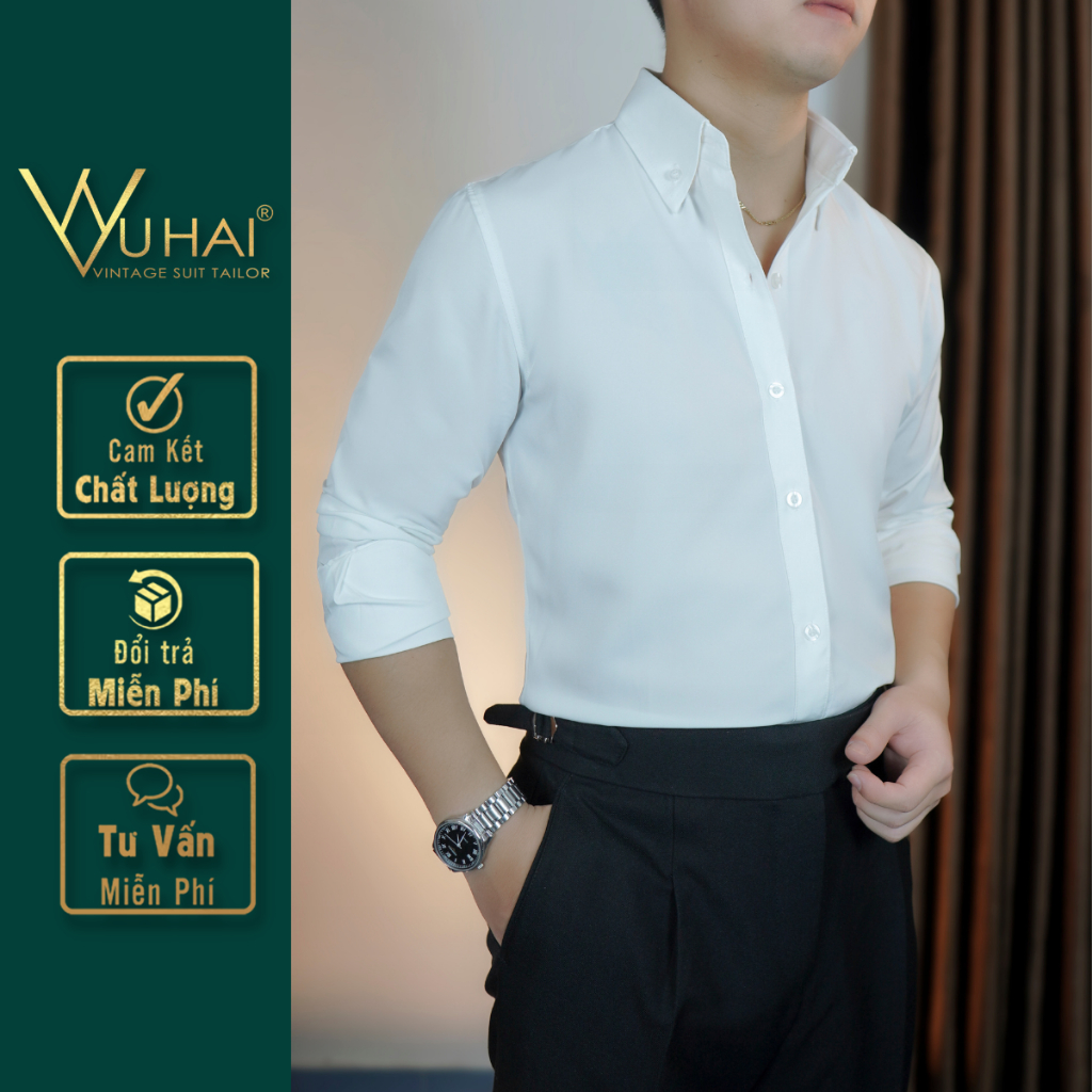 เสื้อเชิ้ตสีขาวผู้ชายคุณภาพสูงคอปก Button Down จากรูปทรงเกาหลีอ่อนเยาว์-VuHai
