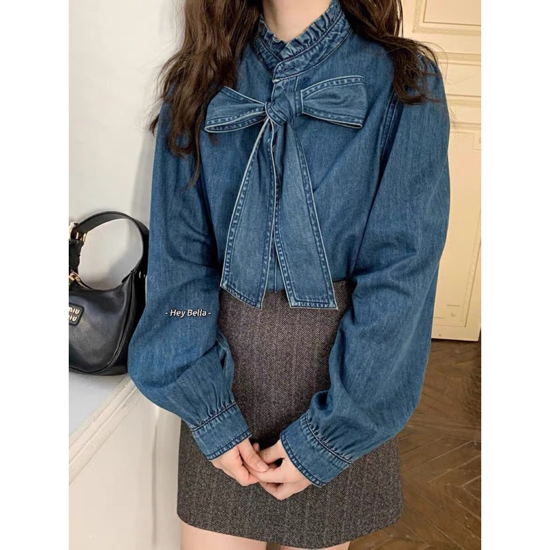 เสื้อเชิ้ต DeNim สําหรับผู้หญิงผูกโบว์แขนยาว QCCC By Choe Store