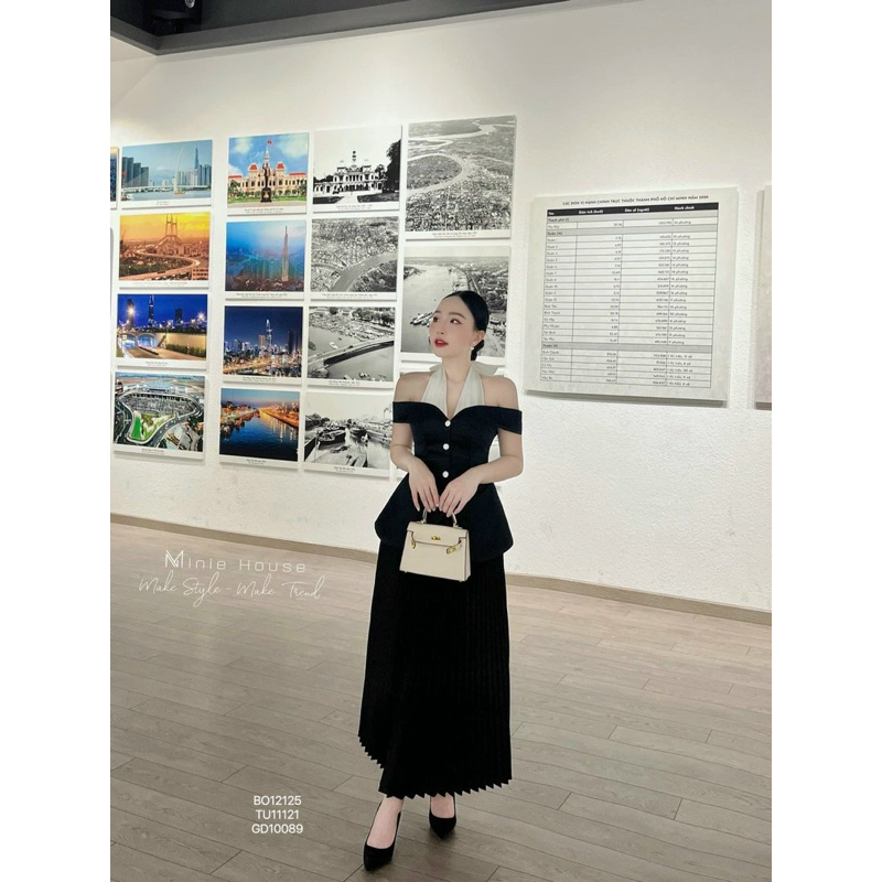 ชุดเดรสแฟชั่นผู้หญิงใส่ไปงานเลี้ยง หิมะ ฝน ผูกเน็คไทกระดุมเว้าไหล่ ปกบาน จับจีบแม็กซี่สีดําแดง