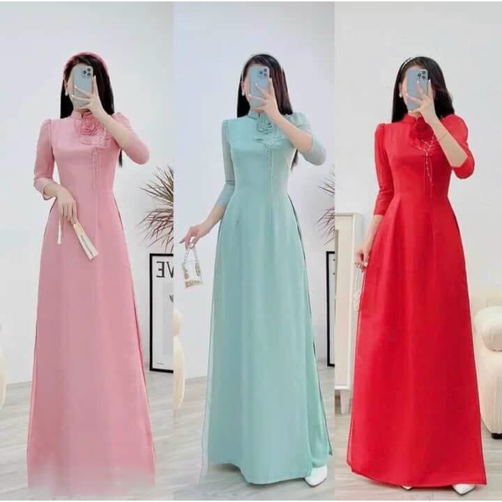 เสื้อคอเต่าผู้หญิงแบบดั้งเดิม ao dai ทันสมัย ao dai พร้อมดอกไม้สไตล์วัยรุ่นและหรูหรา ขนาดเต็ม CS6