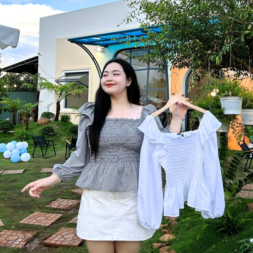 เสื้อเชิ้ตผู้หญิงไซส์ใหญ่แขนพองยาวแต่งระบายแบบสเตียล ทรงบาน ผ้าซิลค์ทวิลสไตล์เลดี้แฟชั่น เอสเอ็ม37