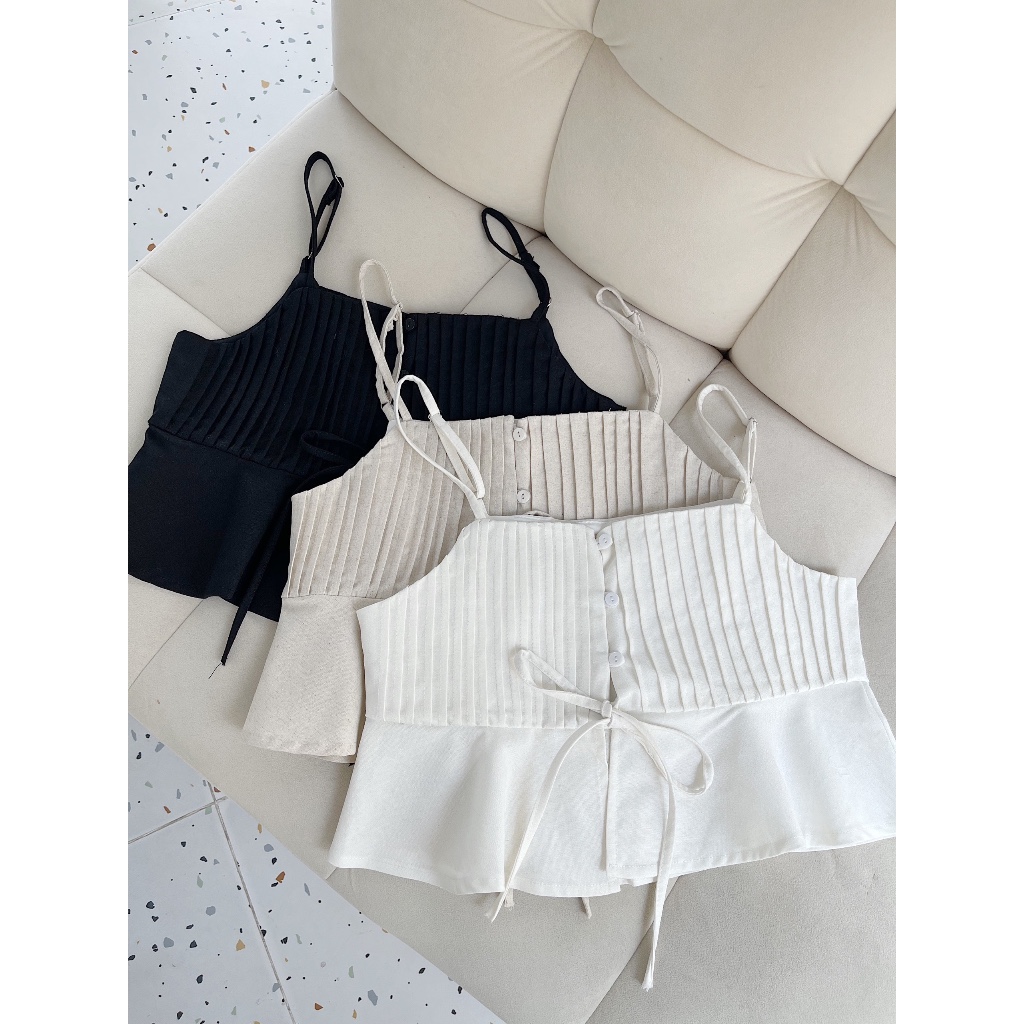 ผ้าลินิน 2 ชั้น 5 สี - สายปรับได้ - เสื้อ 2s อัดพลีทฟรีไซส์ ฟอร์มบาซิสเล็ก ผูกโบว์ ร้านวีดีโอช็อตเอง VIBE TOP