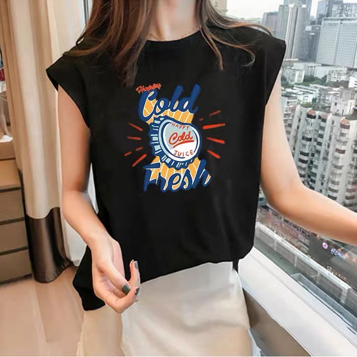 เสื้อกล้ามผู้หญิง ลักษณะ เสื้อกล้ามทรงหลวมพิมพ์ลาย เย็น ผ้าคอตตอน 100% สุดคูล