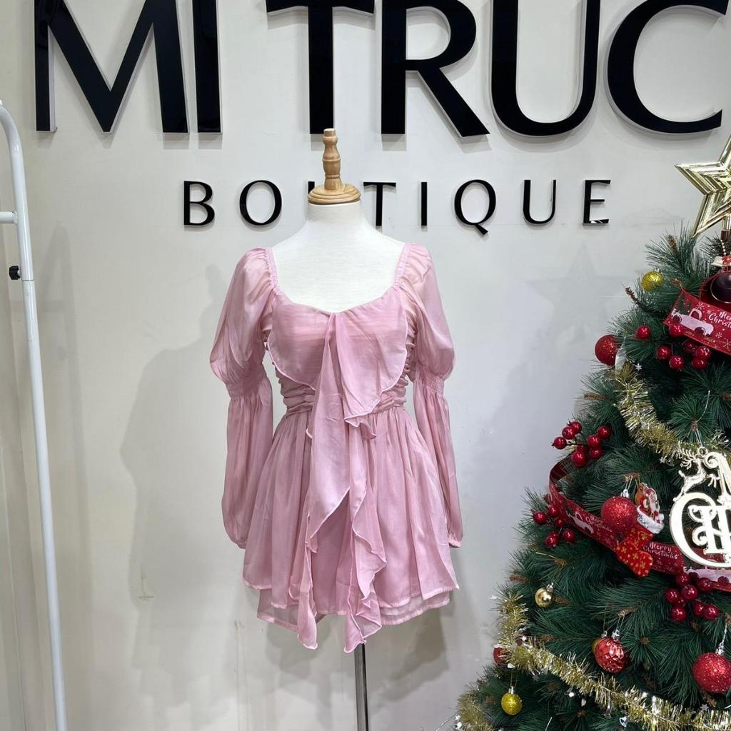 S148 ชุดเซ็ตผ้าไหมชีฟอง bbd แต่งระบายคอเหลี่ยมและกางเกงขาสั้นแขนยาว - MITRUC