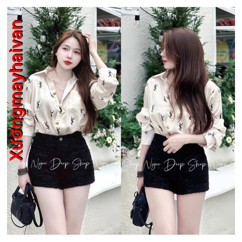 Hv - เสื้อเชิ้ตผู้หญิงผ้าไหมคุณภาพสูงลายตัวอักษรปักกํามะหยี่ YL,X หรูหรา