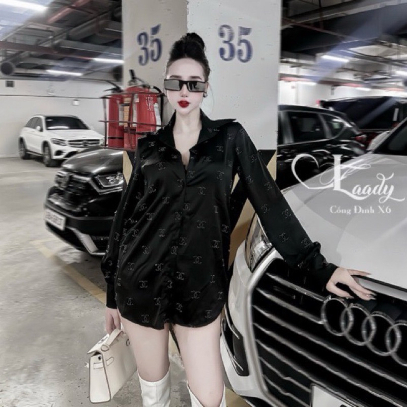 Hv -เสื้อเชิ้ตผ้าไหม Studded With X Letter full From Wide Long Sleeve