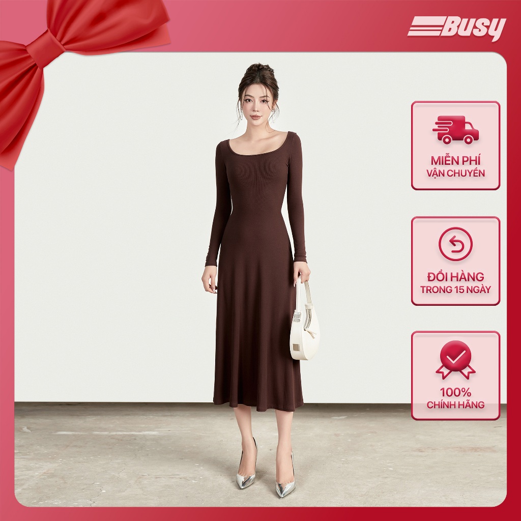 ผู้หญิงแขนยาว U คอ Flared Dress BSY เรยอนยืดหยุ่น VDT7