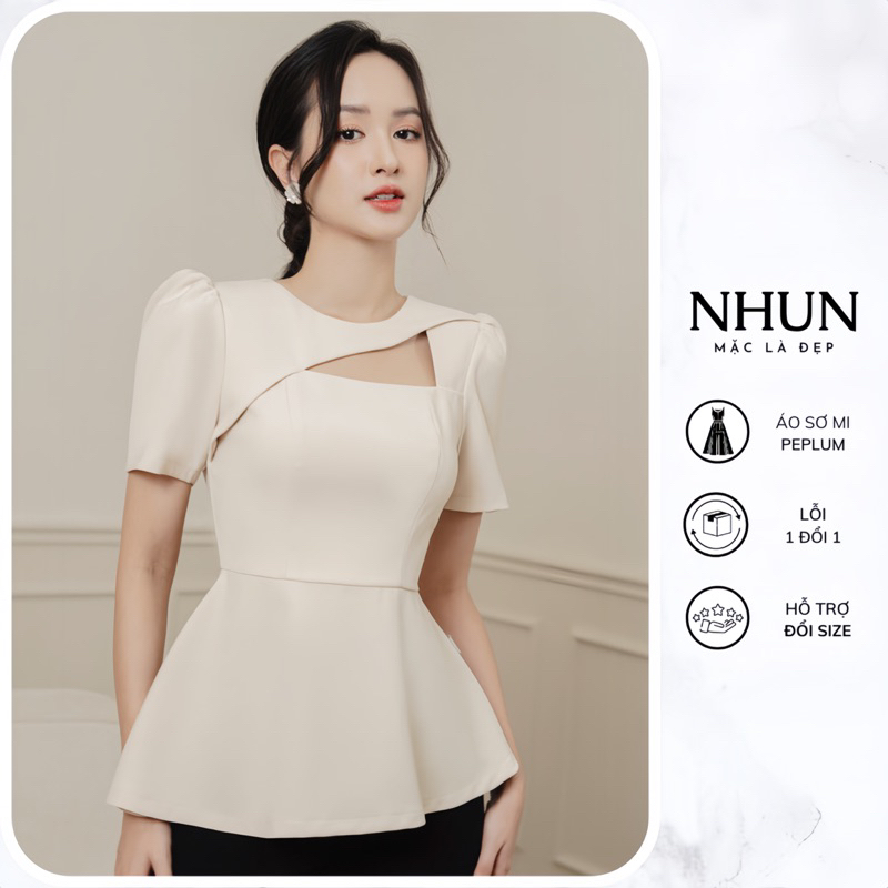 Peplum cut out เสื้อครอสฟิต NhunFashion เสื้อเชิ้ตสํานักงานหรูหรา แขนพอง และพนังแนวทแยง N141