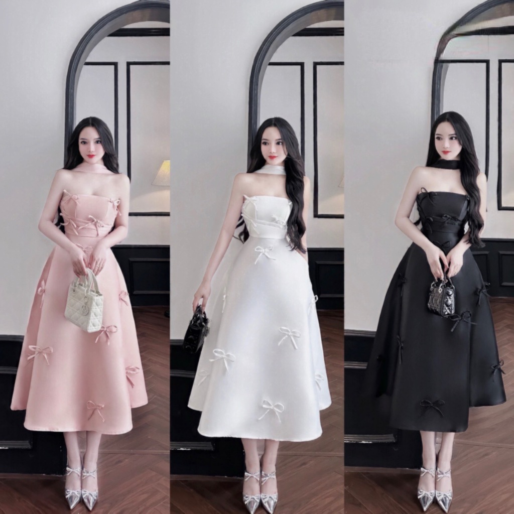 เดรสยาวเกาะอก tafta ผูกโบว์และคอสวย HP32 Size SML