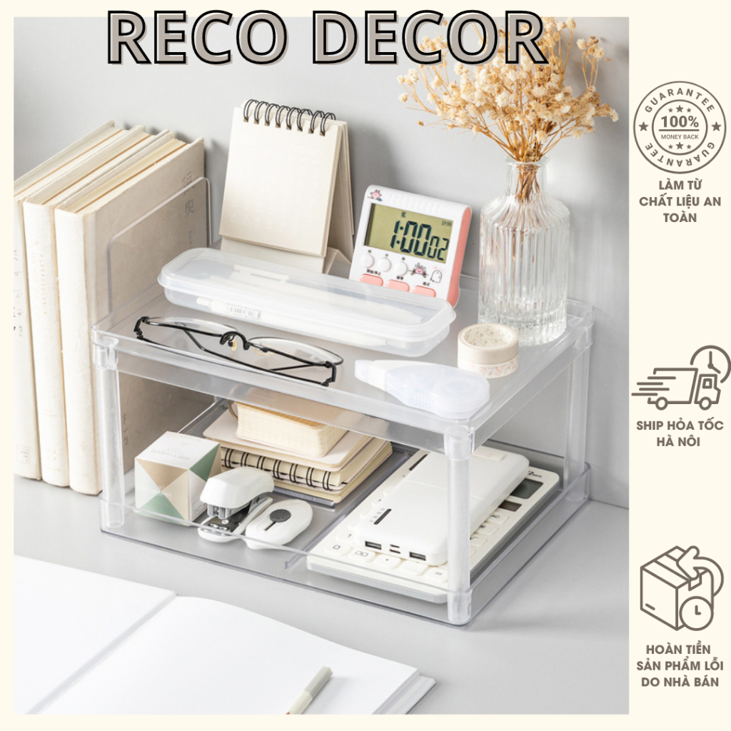 MUJI ชั้นวางโต๊ะพลาสติกใส 2 ชั้นสีขาวขนาดเล็กสําหรับตกแต่งเรียบร้อย