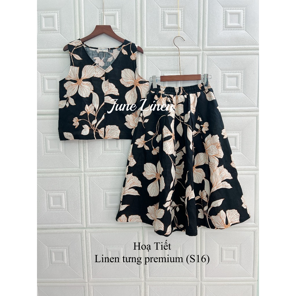 [JUNE LINEN] S16. ชุดลินินคุณภาพสูงมีลาย กระโปรงลอยน้ํา มีกระเป๋าซี่โครงผสมเสื้อคอเต่า
