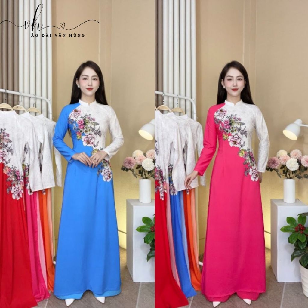 ชุดอ่าวไดแบบดั้งเดิมพร้อมคอปกสูงผ้าไหมเกาหลีคุณภาพสูงพร้อมรหัสพิมพ์ลายดอกไม้ AD25