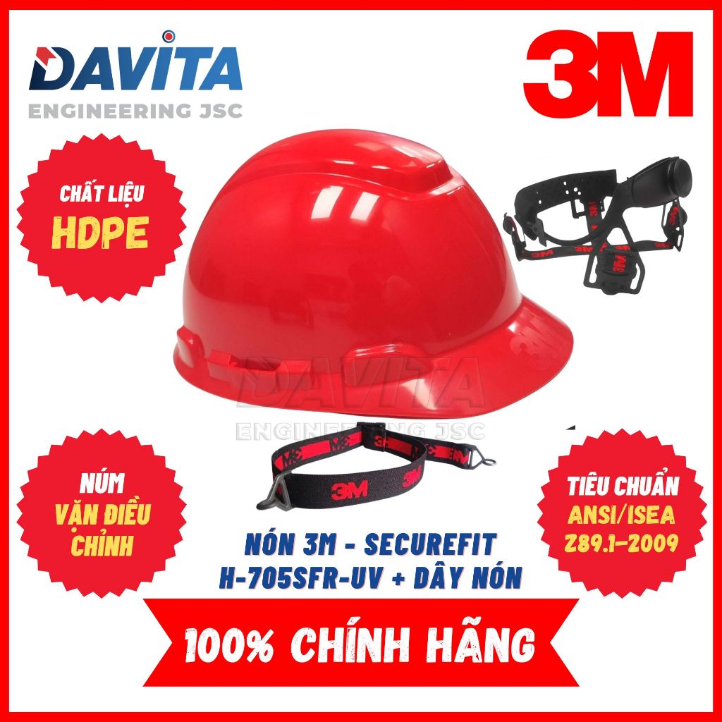 หมวกนิรภัยสีแดงรุ่นปรับปรุง 3M SecureFit H-705SFR-UV รวมสายหมวกกันน็อค 1990