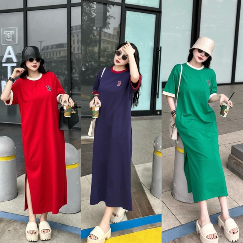 ชุดเดรสยาวทรงตรงผ้าฝ้ายชุดเดรสเสื้อยืดผ้ายืดสีพื้นพื้นฐานลายรูปตัว ข แฟชั่นทรงหลวม