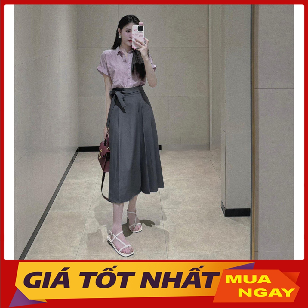 Set เสื้อแขนสั้นกุ๊นผสมกระโปรงยาวเรียบหรู SB6123 - Yanmy888