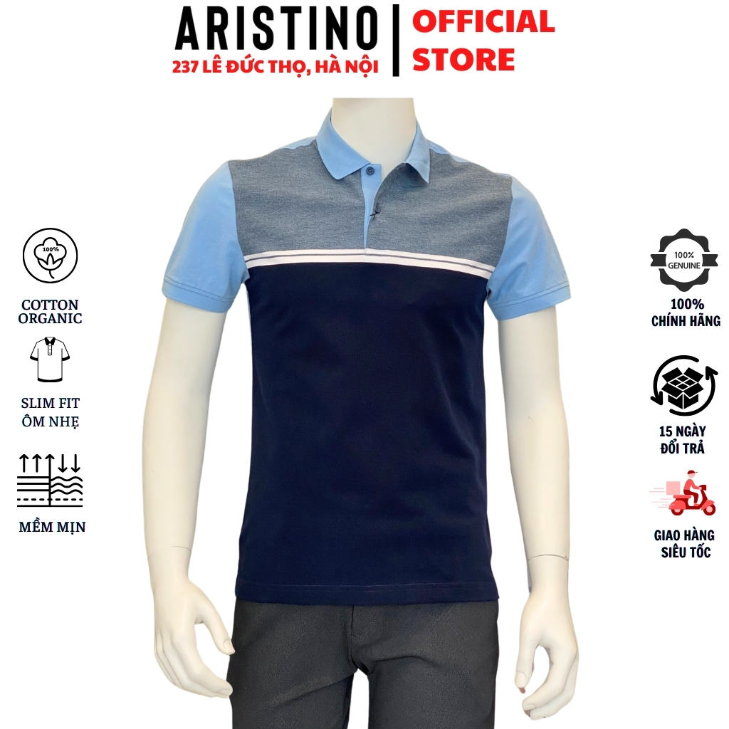 Arristino APS137S3 เสื้อโปโลผู้ชายแขนสั้นคอปกเปิดลง ทรงเข้ารูป หุ่นแบน ทําจากผ้าฝ้ายสีน้ําเงิน jacqu