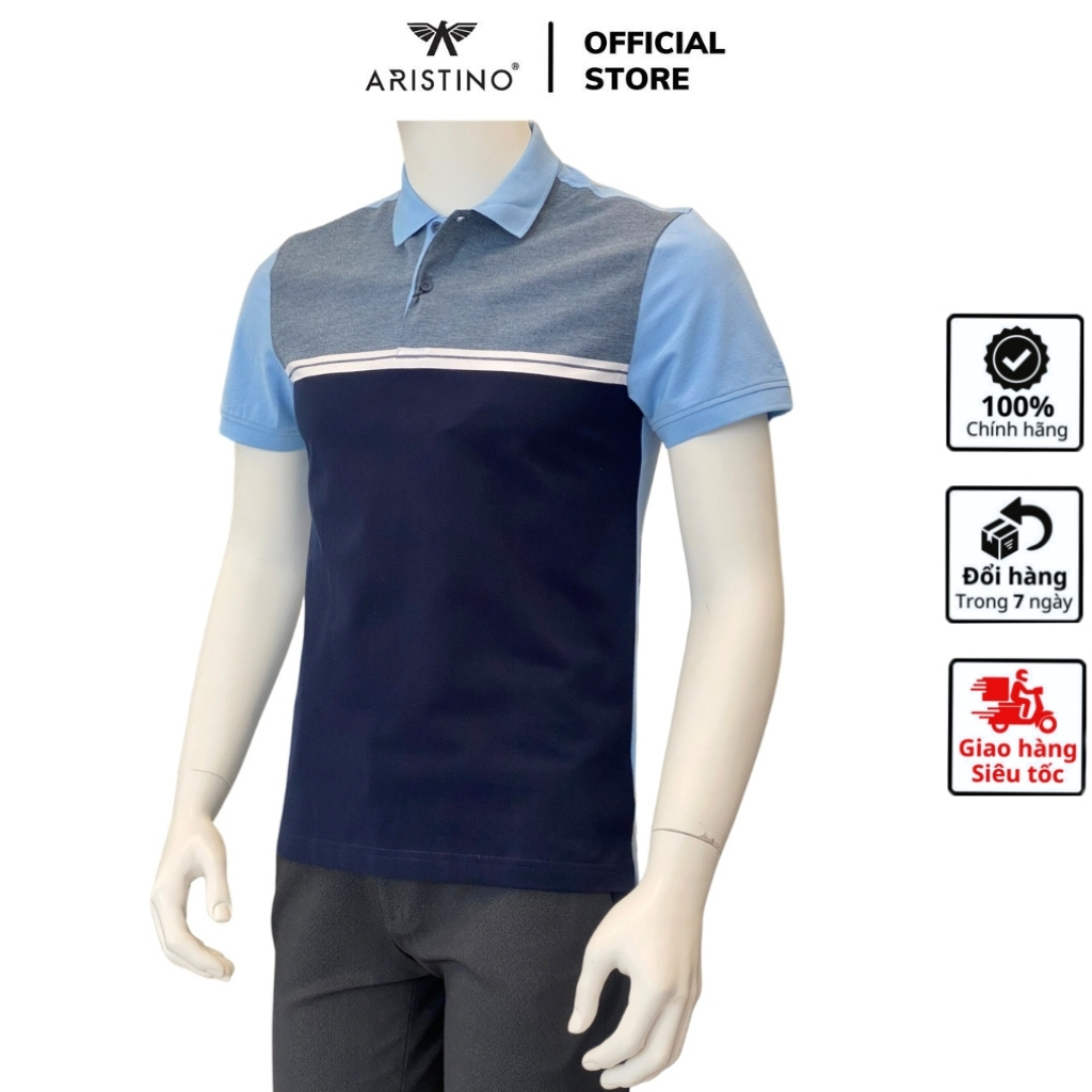 เสื้อโปโลผู้ชาย Aristino APS137S3 คอปกเปิดทรงเข้ารูป ผ้าคอตตอนเนื้อนุ่ม สีน้ําเงิน Jackquard