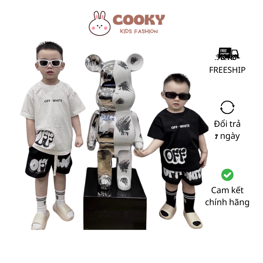 ชุดเสื้อยืดแขนสั้นและกางเกงพิมพ์ลาย OFF WHITE สําหรับเด็กผู้ชายทําจากผ้าฝ้ายยืดดูดซับเหงื่อสบาย HOBI