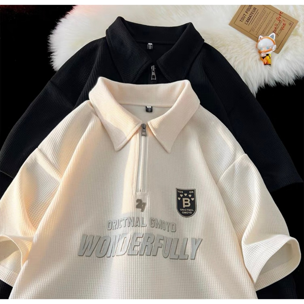 WONDERFULLY NAD เสื้อโปโลผู้ชายและผู้หญิง Unisex - คอปกเปิดลงด้วยแขนหลวมทําจากทอวัสดุรังผึ้งอ่อนเยาว