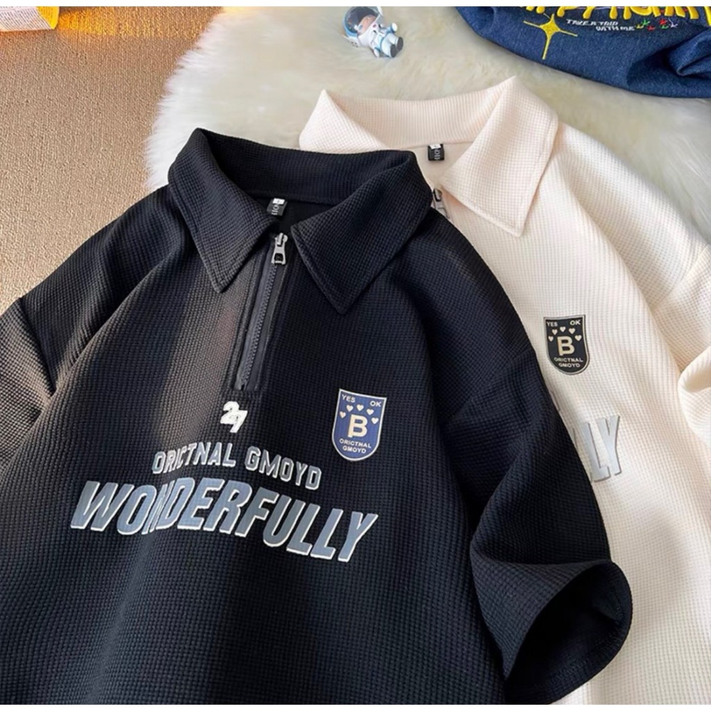 WONDERFULLY NAD เสื้อโปโลผู้ชายและผู้หญิง Unisex - คอปกเปิดลงด้วยแขนหลวมทําจากทอวัสดุรังผึ้งอ่อนเยาว