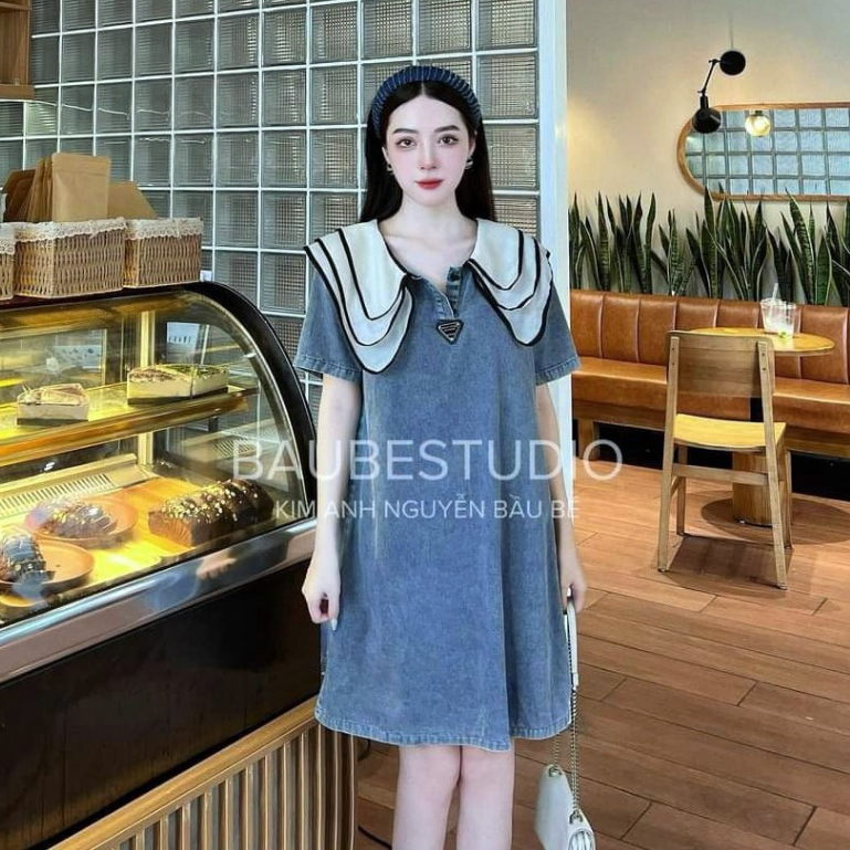 ชุดเดรส มิดิ ผ้ายีนส์ทรงตรงคอปกชีฟองนัวเนียและชายเสื้อชั้นสําหรับปาร์ตี้ออกนอกบ้าน