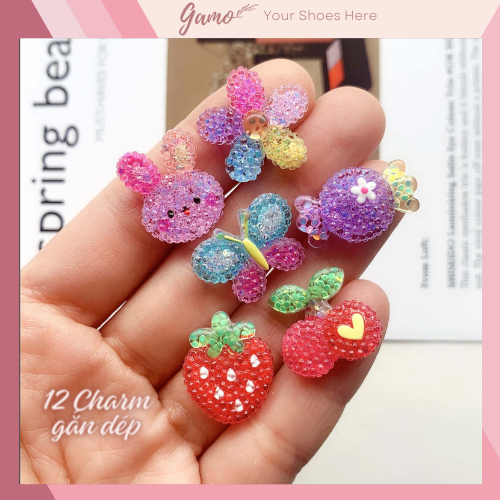 ชุดสติ ๊ กเกอร ์ เสน ่ ห ์ 12 ชิ ้ น 🛒 Glitter Cherry Theme DIY Gamo สําหรับ Crocs JB-119