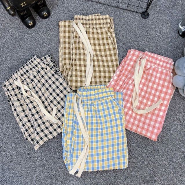 กางเกงขายาวเอวสูงลายสก๊อตผู้ชายหลวมพร้อมเชือกรูดผ้าดิบคุณภาพสูง รหัส 682