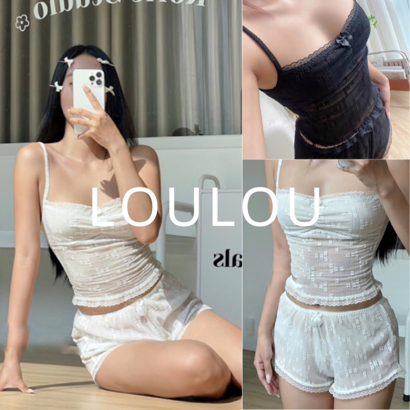 Loulou เสื้อลูกไม้คล้องคอ เซตพร้อมกางเกงสไตล์ผู้หญิง S130