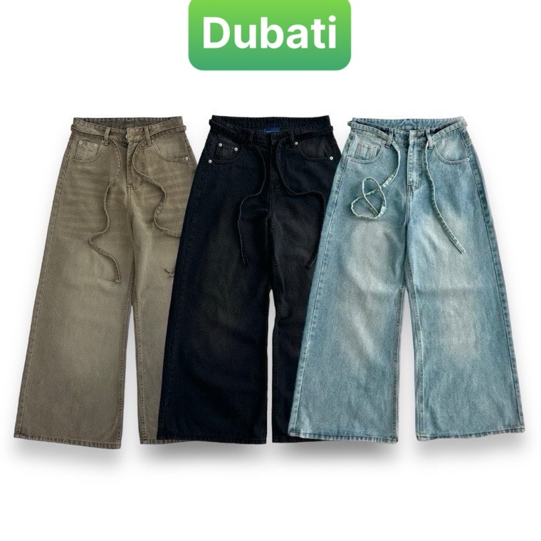 ใหม่คุณภาพสูงสไตล์ UNISEX WIDE-LET BAGGY JEANS WITH BELT สําหรับผู้ชายและผู้หญิง - DUBATI FASHION