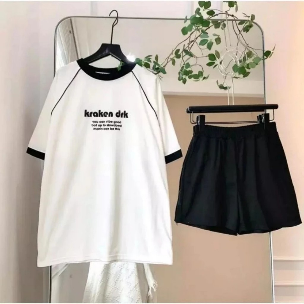 ชุดกางเกงขาสั้นเสื้อยืด unisex สําหรับผู้หญิงทรงหลวม ผ้าฝ้ายทรงหลวม พิมพ์ลายคํา KRAKEN THUUNISEX M12