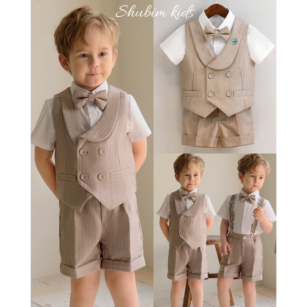 [ShuBim Kids] -VT10 - ชุดกิล์แขนสั้นลายทางสีเบจสําหรับเด็กผู้ชาย + โบว์และดอกไม้