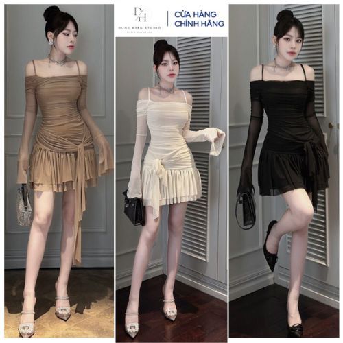 เดรสออกงาน 2 สายผูกโบว์ตาข่ายที่เอวด้วยวิดีโอจริงของสินค้า วัน สตูดิโอ