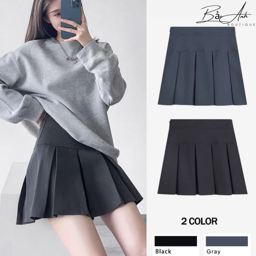 กระโปรงจีบ A-Line กระโปรงสั้น Midi คุณภาพสูง กระโปรงสํานักงาน กระโปรงเทนนิสเกาหลีสวย สีดํา GREY-999B