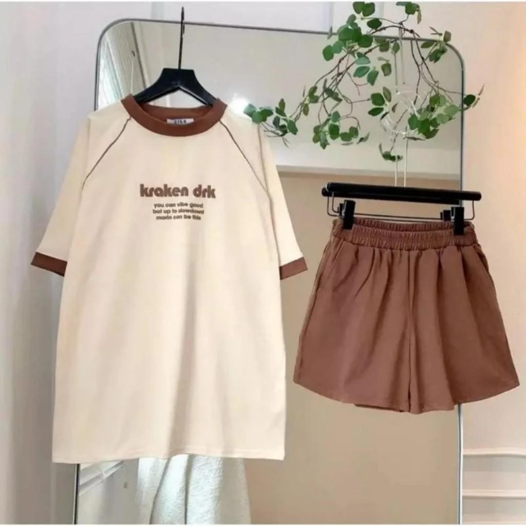 ชุดกางเกงขาสั้นเสื้อยืด unisex สําหรับผู้หญิงทรงหลวมผ้าฝ้ายทรงหลวมพิมพ์ลายคํา KRAKEN SANI M120