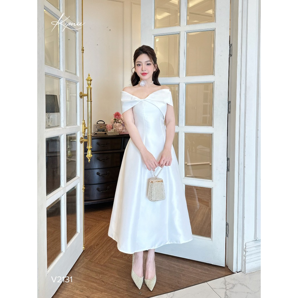 V2131 Kymie เดรสผูกโบว์เปิดไหล่