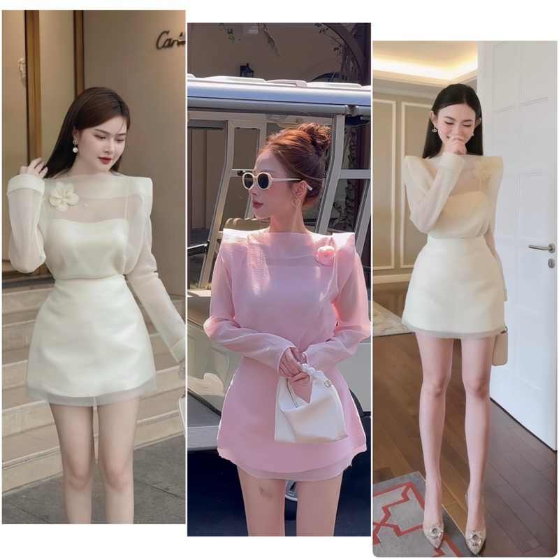 ชุดกระโปรงผู้หญิง 3 ชิ้นผ้าไหมโฟมพร้อมดอกไม้ + กระโปรงทรงเอ