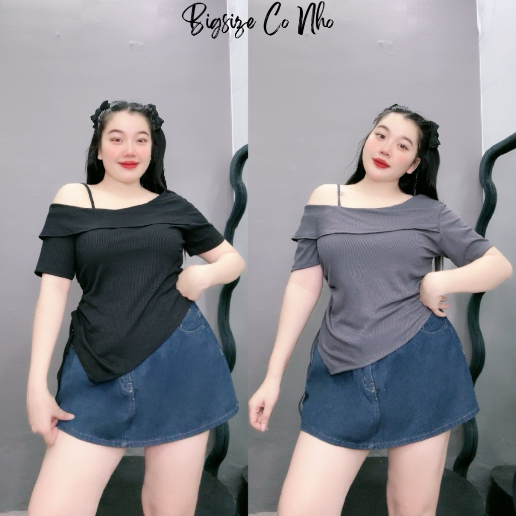 เสื้อยืด Bigsize ผู้หญิงพับ stylized ด้านเดียว น่าระทึกใจ แนวทแยง เชือกรูด ผ้ายืดซี่โครง-G213