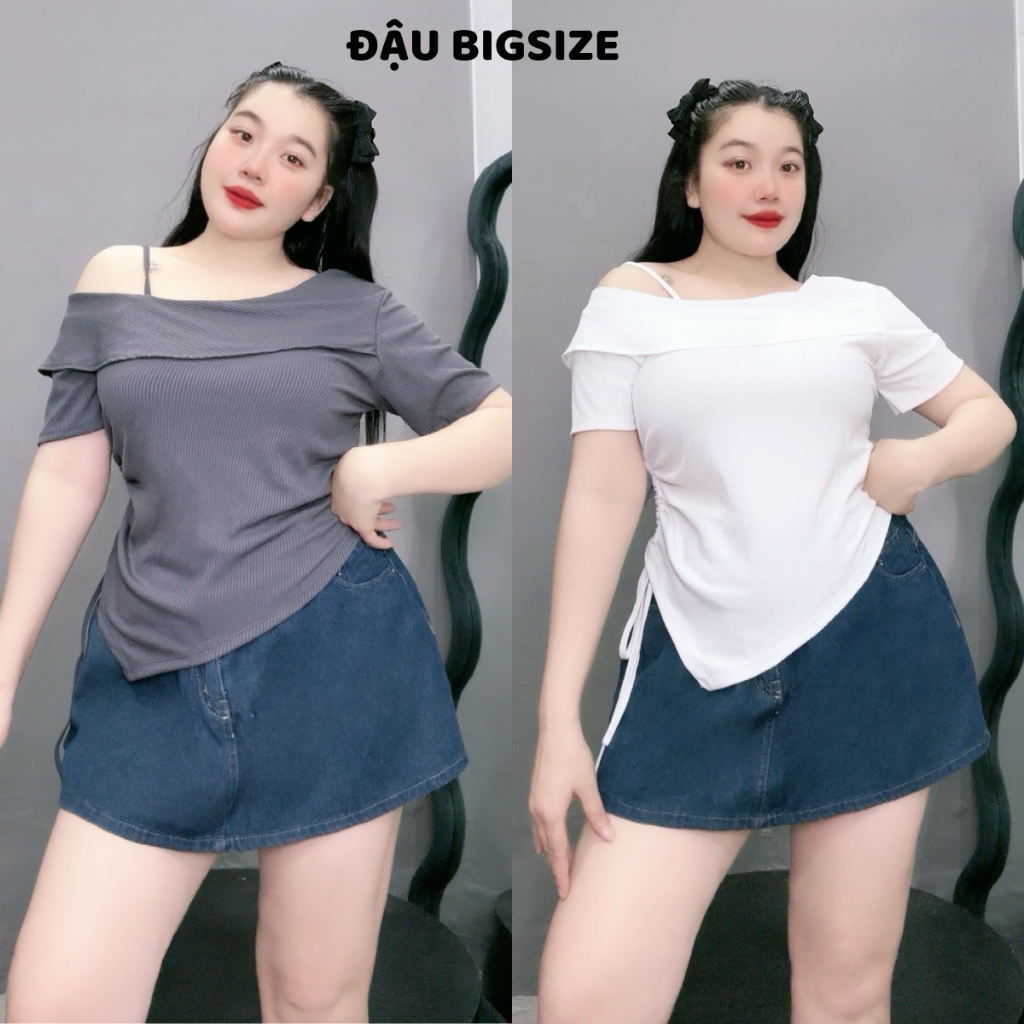 เสื้อยืดเปิดไหล่จั๊มแขนสั้นขนาดใหญ่สําหรับผู้หญิงผูกเอวด้านเดียวเอวบาง 50-95กิโลกรัม - ก213
