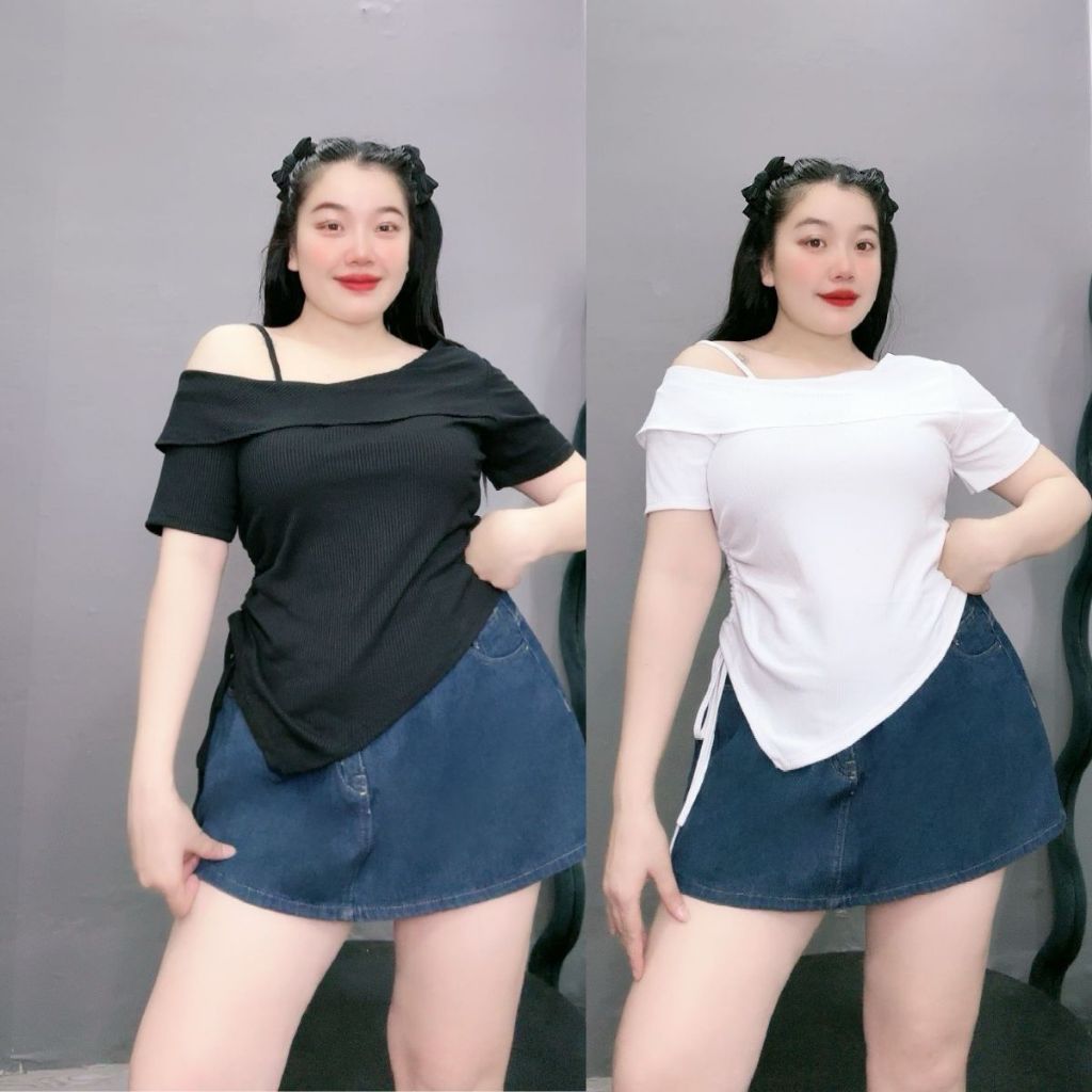 เสื้อยืดผู้หญิงไซส์ใหญ่มีพนังพับสติลด้านเดียวระบายทแยงเชือกผ้าจั๊มยืด-ก213