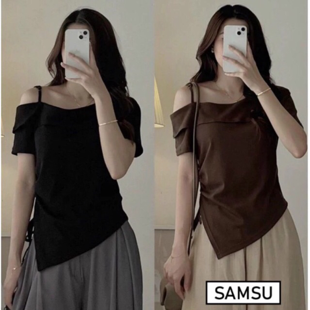ดึงดูดใจ เสื้อปาดไหล่แขนสั้นผู้หญิงเอวรูด ก217
