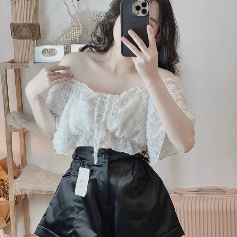 เสื้อครอปเปิดไหล่ขนนุ่มหรูหราสําหรับเที่ยวทะเลและออกไปข้างนอกก251