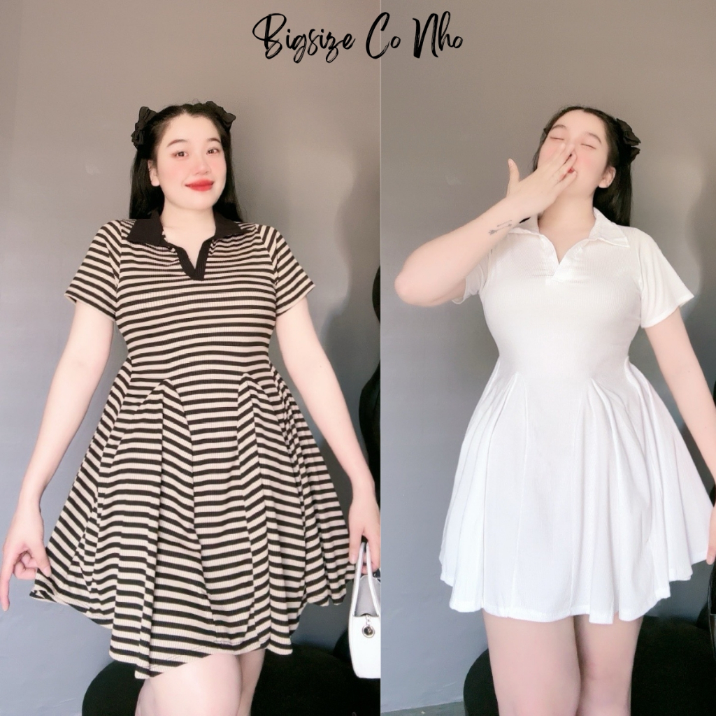 ขนาดใหญ่ Turn-down Collar Dress แขนสั้น Bodycon Flared ยืด Ribbed Dress BIGSIZE SMALL LADIES จาก 60-95kg G122