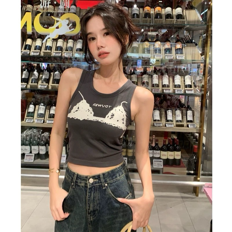 เสื้อกล้ามยางยืดผ้าฝ้ายพร้อมแผ่นรองอกลายสุดคูล เสื้อครอปสุดน่ารัก