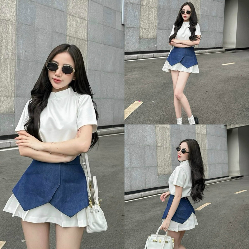 ชุดกระโปรงแฟชั่นสําหรับผู้หญิงใส่ออกไปข้างนอกในฤดูร้อนเสื้อยืดคอสูงธรรมดาผสมกระโปรงหิมะและฝนจีบผสมกางเกงยีนส์แข็ง