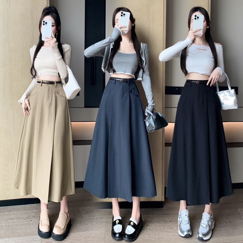 กระโปรงยาว กระโปรงพลีทยาวเอวสูงมิดิสีดําสีครีมกระเป๋าหน้าผ้าหิมะหนาทรงเคนโก้สุด